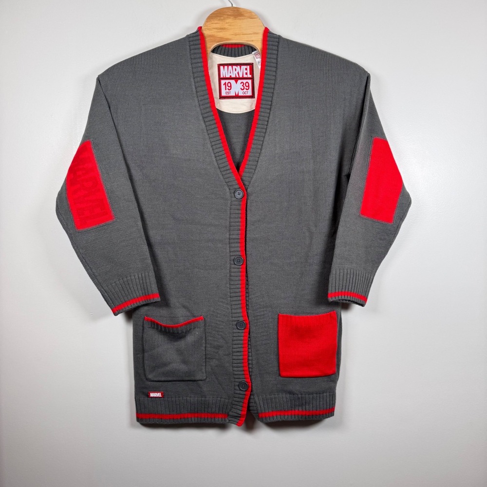 Marvel Est. 1939 Disney Gray Red‎ Elbow Patch V-Neck Cardigan Sweater Medium